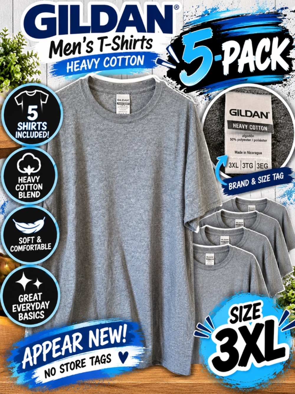 💙 Gildan Heavy Cotton Men's T-Shirts 5-Pack 3XL | Heather Gray